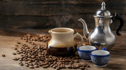 A steaming pot of freshly brewed Arabic coffee, with traditional dallah coffee pot and small ceramic cups.
