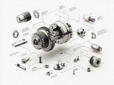 Exploded view of an industrial gearbox with floating annotations on gear ratios, gearbox design, mechanical efficiency