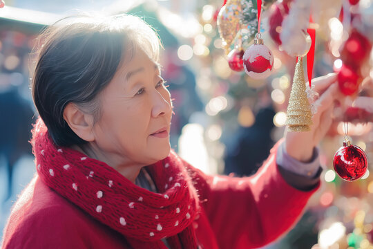 Elderly woman of asian descent in red scarf choosing christmas tree decorations at christmas market in Europe. sunny winter day