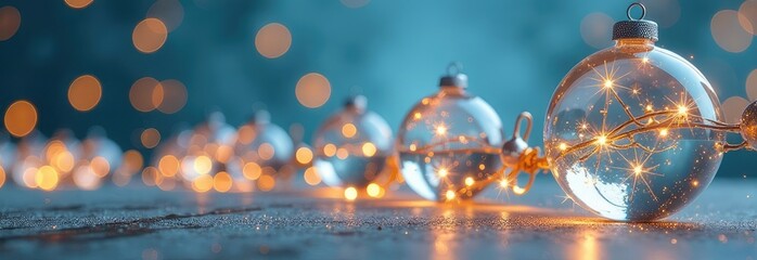 garland made from lot of glass transparent balls, inside the balls there are neon golden glowing lights, shape Christmas tree without wood, festive blurred pastel blue background.