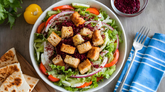 A vibrant bowl of fattoush, featuring fresh vegetables, crunchy pita croutons, and a tangy sumac dressing.

