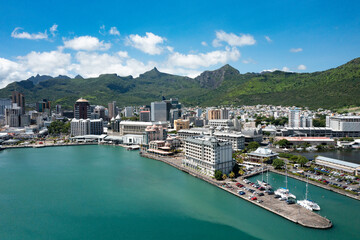 Aerial view: Waterfront of Port Louis, Mauritius island