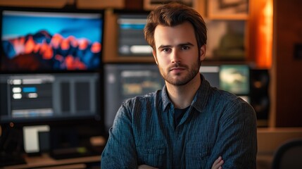 Fototapeta premium Voice-over artist in a bustling studio, focused on recording