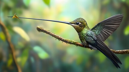 Fototapeta premium Sword-billed Hummingbird Perched On A Branch In Nature, Photo Realistic, Wallpaper, Cover and Screen for Smartphone, PC, Laptop, 9:16 and 16:9 Format