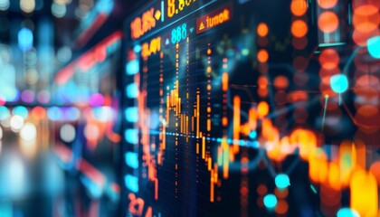 A digital display showing financial data such as stock market charts, graphs and numbers. The background is blurred with an abstract design. In the foreground there's a closeup of one graph or chart s