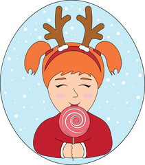 Cute cartoon reindeer girl with lollipop. Vector illustration