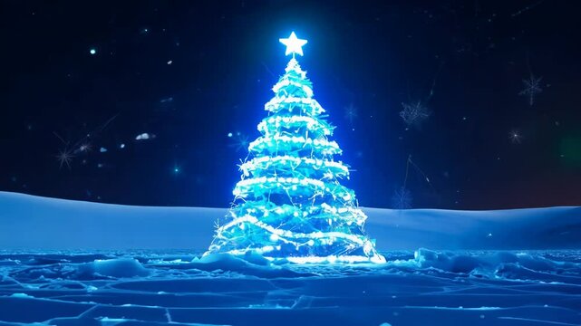 Glowing blue christmas tree stands majestically against snowy winter landscape. star atop tree adds festive touch, creating serene and magical holiday scene.