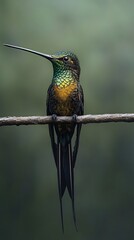 Fototapeta premium Sword-billed Hummingbird Perched On A Branch In Nature, Photo Realistic, Wallpaper, Cover and Screen for Smartphone, PC, Laptop, 9:16 and 16:9 Format