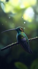 Fototapeta premium Sword-billed Hummingbird Perched On A Branch In Nature, Photo Realistic, Wallpaper, Cover and Screen for Smartphone, PC, Laptop, 9:16 and 16:9 Format