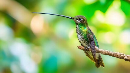 Fototapeta premium Sword-billed Hummingbird Perched On A Branch In Nature, Photo Realistic, Wallpaper, Cover and Screen for Smartphone, PC, Laptop, 9:16 and 16:9 Format