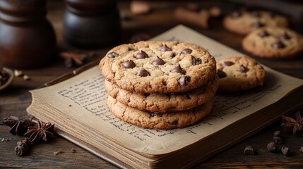 Stack of Chocolate Chip Cookies on Old Book