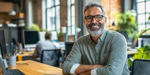 Modern diverse senior software developer smiling in lively office environment