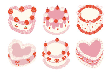 Vintage Cake Pink Tone Vector Illustration with Cherries, Strawberry, Whipped Cream, Coquette Ribbon and Heart