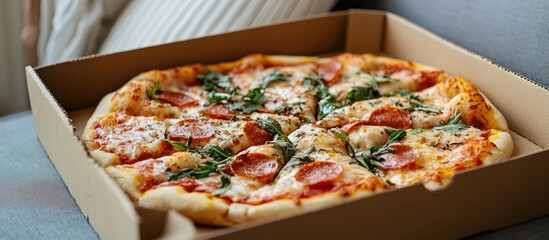 A delicious pepperoni pizza with fresh arugula in a cardboard box.