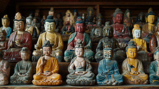 A collection of Tibetan Buddhist statues in a monastery, each one representing a different deity or bodhisattva