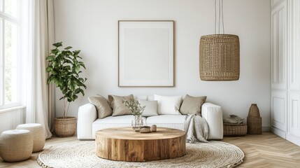 Modern living room interior with a cozy white sofa, textured pillows, and a wooden coffee table
