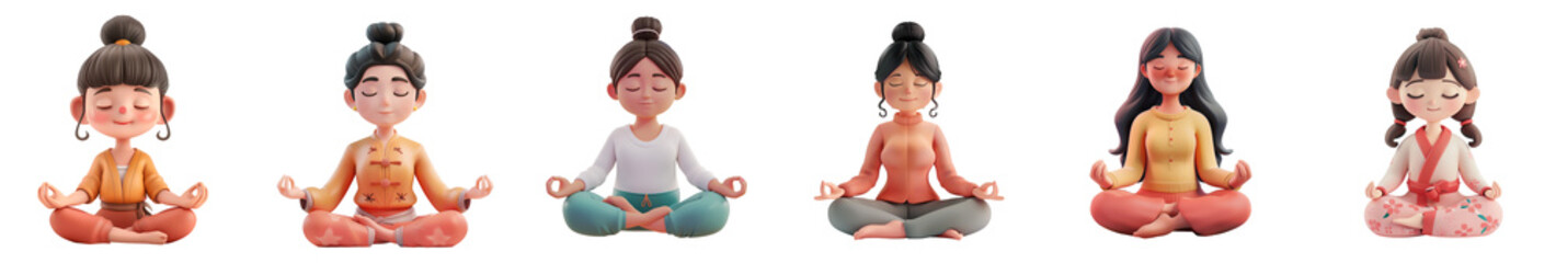 Asian woman mascot meditating, 3D cartoon illustration, isolated on transparent background, cute animated style, beautiful colors, generative ai