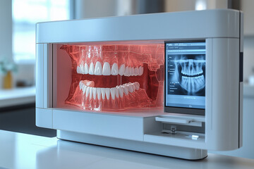 3D rendering of a patient’s mouth being scanned with a futuristic x-ray machine, showing a detailed view of the teeth and jaws.