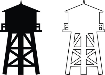 Naklejka premium Water Tower Silhouette icons set. Water Tank black flat and line vector design isolated on transparent background. Collection of various water storage tanks. Industrial high of metal construction.
