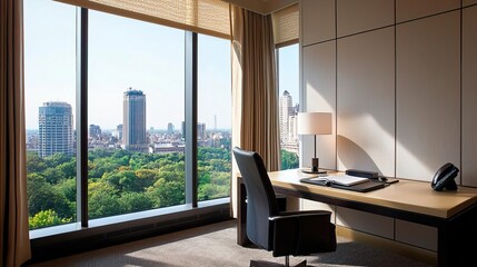 Fototapeta premium A director's office designed with elegance and sophistication, showcasing a professional workspace suitable for leadership roles..