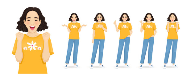 Young beautiful student woman positive emotions and different gestures. Isolated vector illustration set