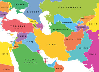 Fototapeta premium Southwest Asia, political map with multi colored silhouettes of single countries. Also called Western, West or Southwestern Asia, a subregion, overlapping with Middle East, including Caucasus region.