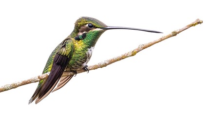 Fototapeta premium Sword-billed Hummingbird Perched on a Branch on a White Background, Photo Realistic, Wallpaper, Cover and Screen for Smartphone, PC, Laptop, 9:16 and 16:9 Format