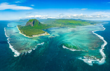 Aerial view: Le Morne Brabant mountain with beautiful lagoon and underwater waterfall illusion, Mauritius island