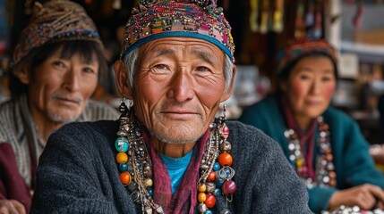 Fototapeta premium Local artisans in a Ladakhi market selling handmade jewelry and crafts, with each piece reflecting the regions cultural heritage