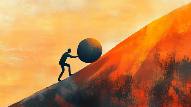 Man pushing round rock uphill - concept of hard work or Sisyphean work