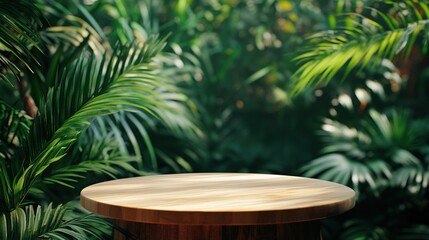 Fototapeta premium Greenery Background with Wooden Tabletop for Display