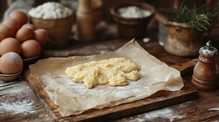 Fresh Dough on Parchment Paper Ready for Baking