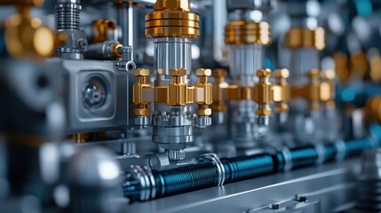 Exploded view of a machine's hydraulic system, showing fluid flow and pressure control, hydraulic design, fluid mechanics