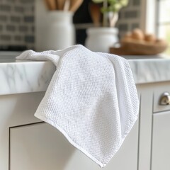 White Kitchen Towel or Dishtowel on Table in Modern Minimalist style. Perfect for mock-up, card, poster