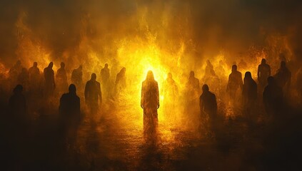 A person stands out in the crowd, surrounded by dark figures of people. The figure is illuminated with yellow light and appears to be emanating from within their body. 