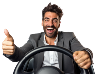 Holding the steering wheel laughing smiling vehicle.