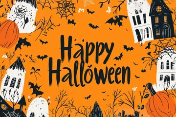 Halloween-themed background with spooky elements like pumpkins, spider webs, and a haunted house silhouette Black text "Happy Halloween" Generative AI