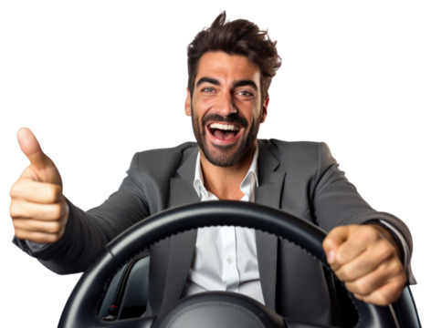 Holding the steering wheel laughing smiling vehicle.