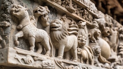 A detailed view of a Chinese zodiac sculpture in a temple courtyard, with each animal carefully carved in stone,