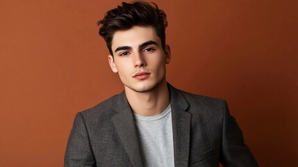 Obraz premium A bust shot of a confident young male fashion model, posing with business casual clothes against a vibrant soft brown studio background