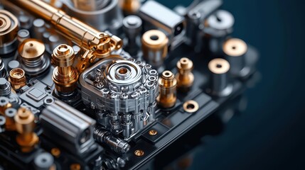 Fototapeta premium Exploded view of a machine's hydraulic system, showing fluid flow and pressure control, hydraulic design, fluid mechanics