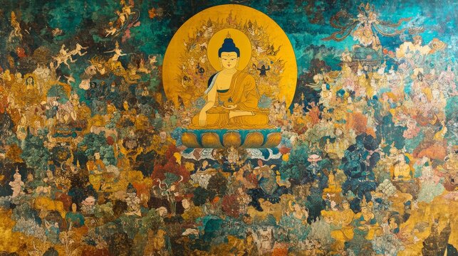 A detailed Tibetan thangka painting depicting a Buddha surrounded by deities and mythical creatures, rich in spiritual symbolism