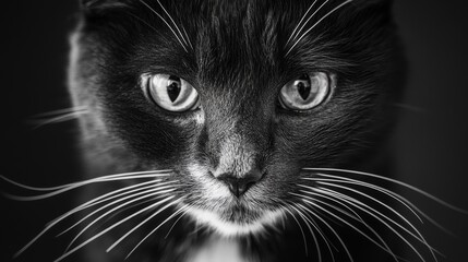 A close-up photo of a black and white cat staring directly at the camera. The cat is a house cat and looks beautiful.