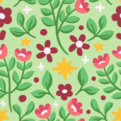 Cute seamless pattern with flowers and abstract botanical elements. Vector hand drawn floral background for textile, fabric, print or wallpaper.