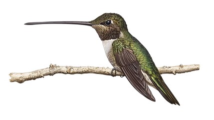 Fototapeta premium Sword-billed Hummingbird Perched on a Branch on a White Background, Photo Realistic, Wallpaper, Cover and Screen for Smartphone, PC, Laptop, 9:16 and 16:9 Format