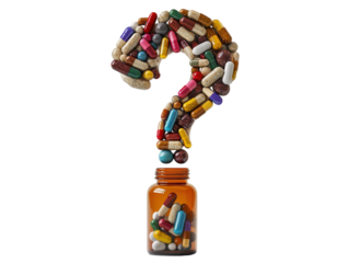 Pills and capsules arranged in the shape of a question mark coming out of a bottle, isolated on a white background.   PNG transparent.