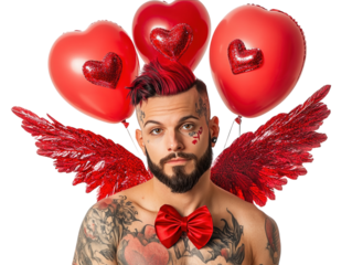 Man dressed as a modern Cupid with red heart balloons, bow, and wings, isolated on a white background.   PNG transparent.