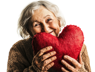 Elderly woman holding a large red heart, smiling joyfully, pink background.   PNG transparent.