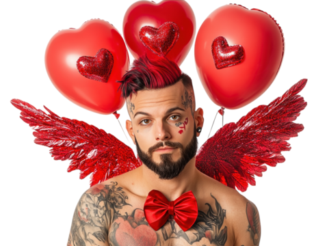 Man dressed as a modern Cupid with red heart balloons, bow, and wings, isolated on a white background.   PNG transparent.