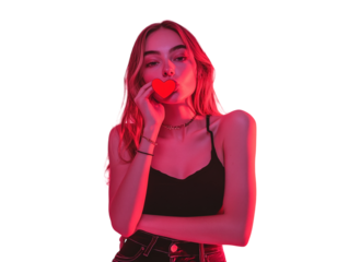 Young woman blowing a kiss towards a red heart, standing on a pink background.   PNG transparent.